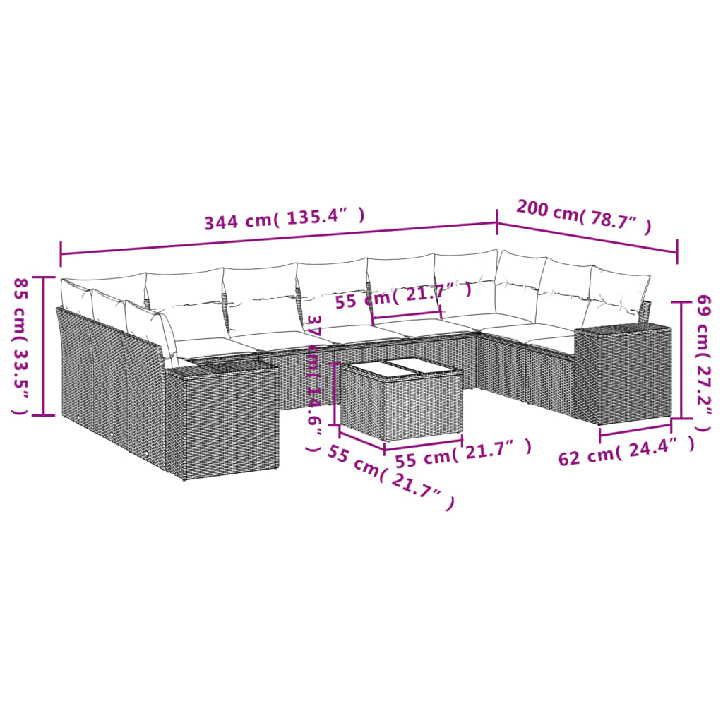 Set Divani da Giardino 11 pz con Cuscini Polyrattan Marrone