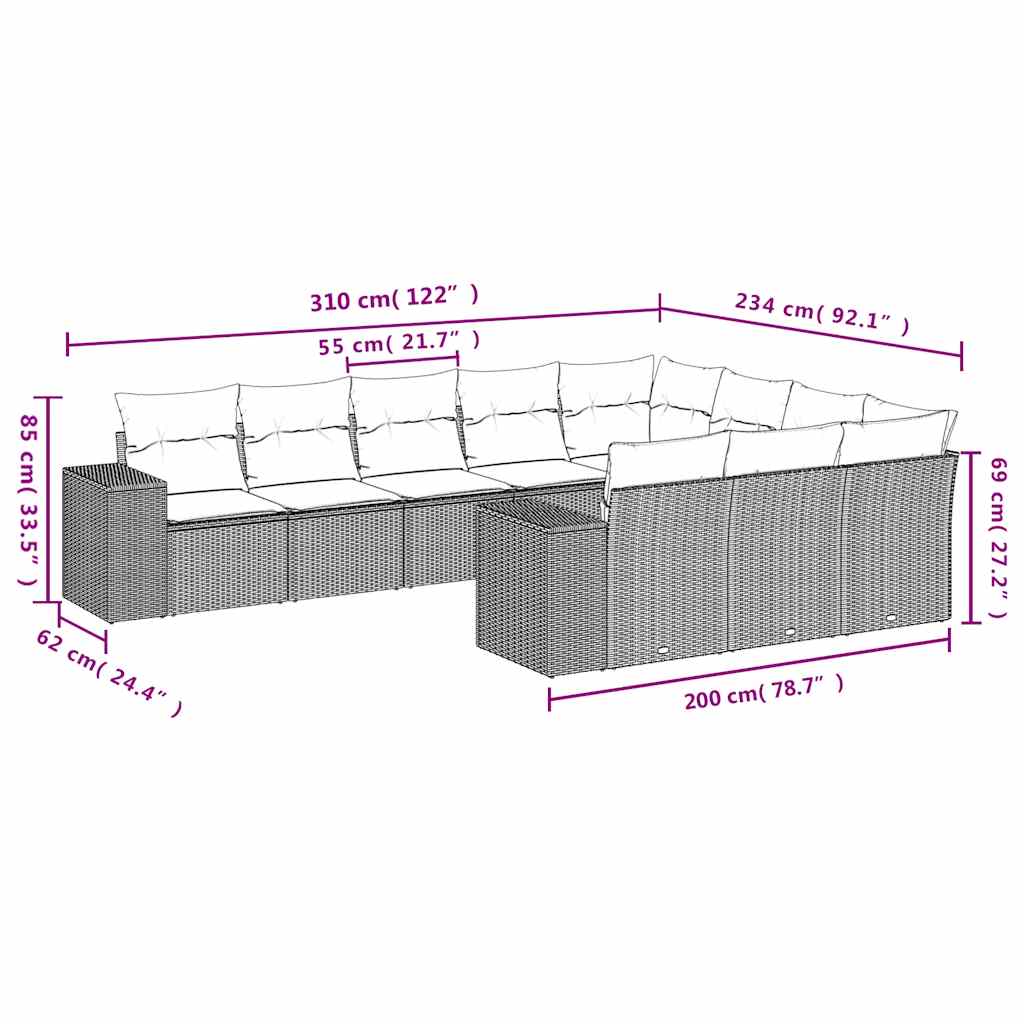 Set Divani da Giardino 10pz con Cuscini in Polyrattan Marrone