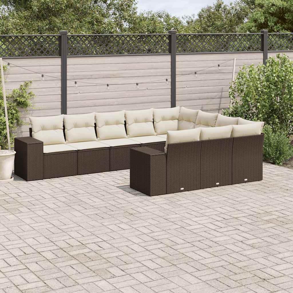 Set Divani da Giardino 10pz con Cuscini in Polyrattan Marrone