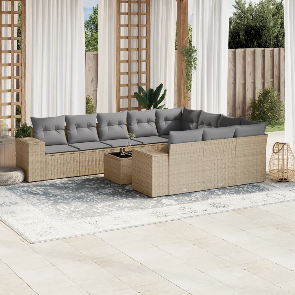 Set Divani da Giardino 11 pz con Cuscini Beige in Polyrattan