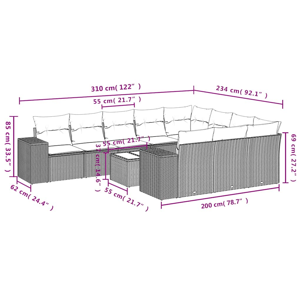 Set Divani da Giardino 11 pz con Cuscini Polyrattan Marrone