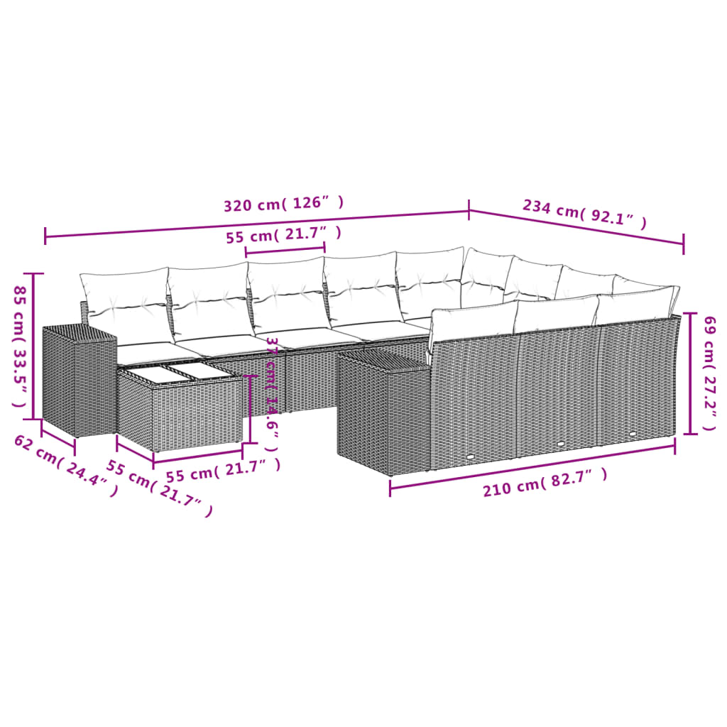 Set Divani da Giardino 11 pz con Cuscini Beige in Polyrattan