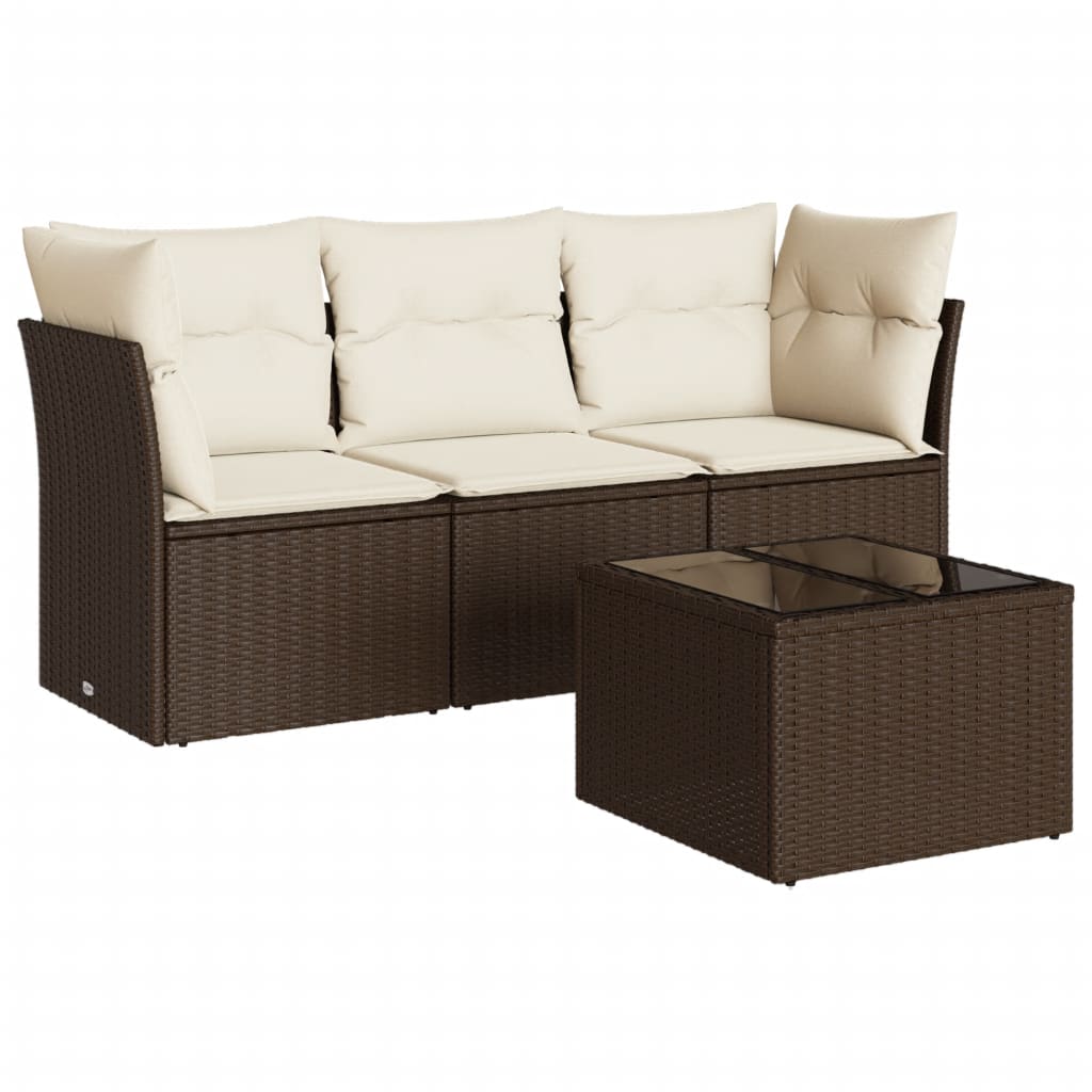 Set Divano da Giardino 4 pz con Cuscini Marrone in Polyrattan