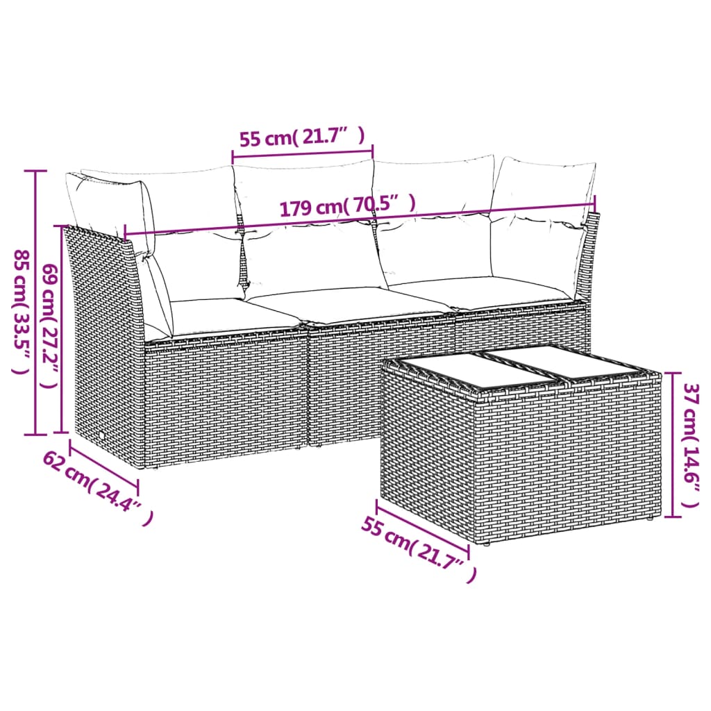 Set Divano da Giardino 4 pz con Cuscini Marrone in Polyrattan