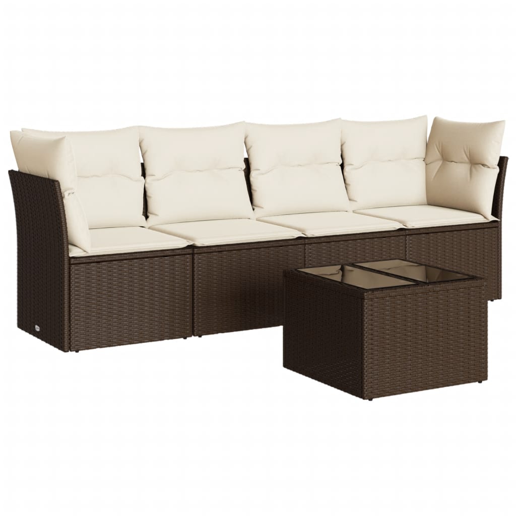 Set Divano da Giardino 5 pz con Cuscini Marrone in Polyrattan