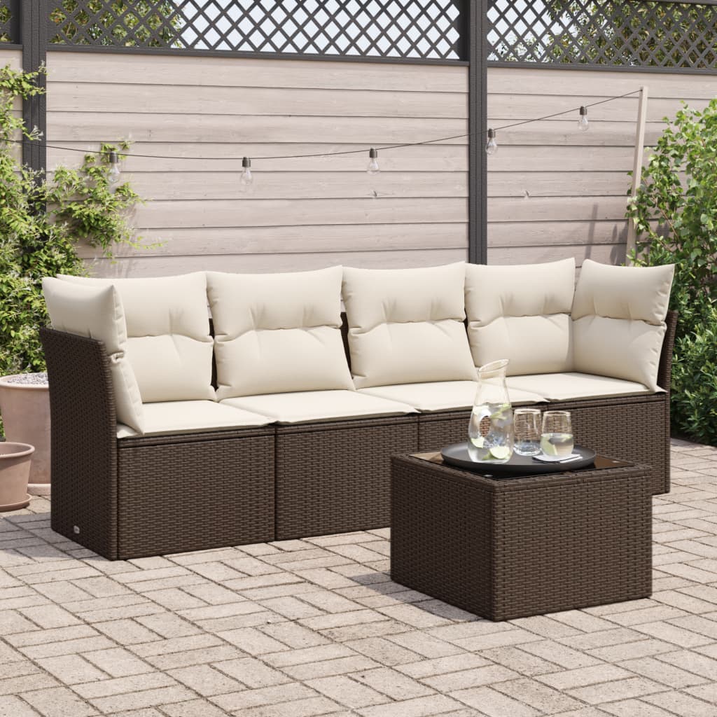 Set Divano da Giardino 5 pz con Cuscini Marrone in Polyrattan