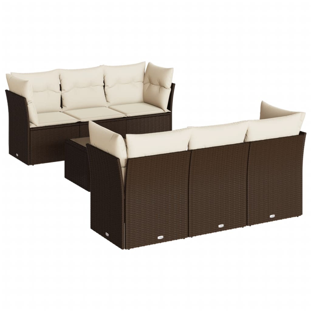 Set Divani da Giardino 7 pz con Cuscini Marrone in Polyrattan