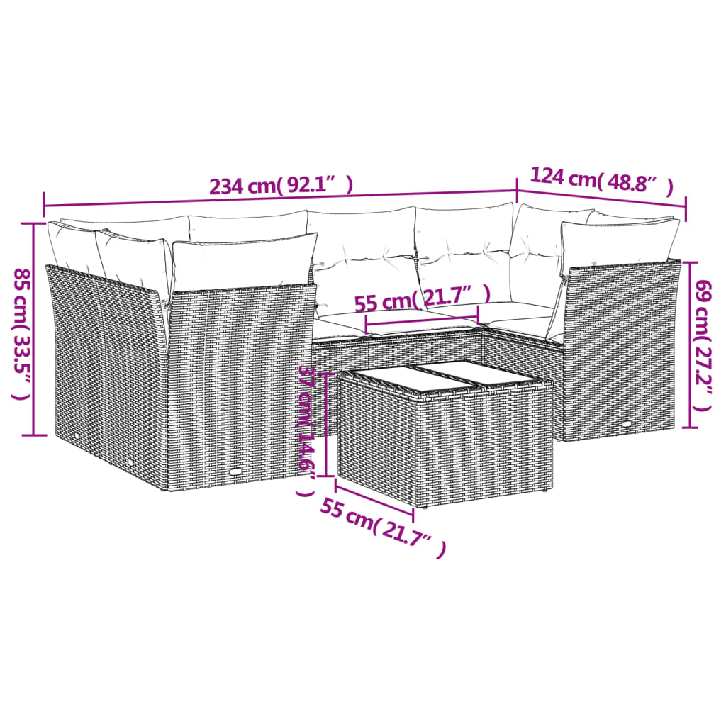 Set Divani da Giardino 7 pz con Cuscini Marrone in Polyrattan