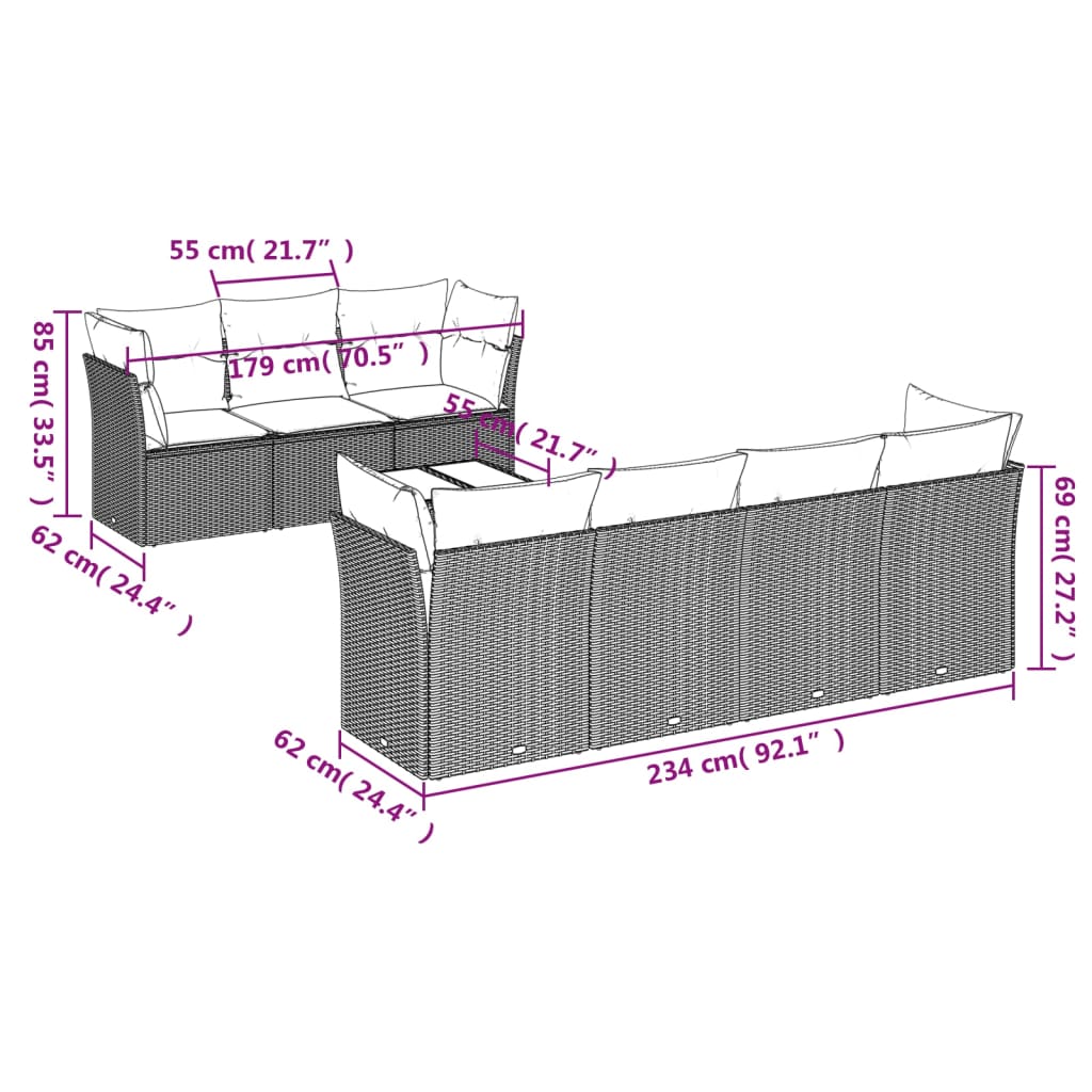 Set Divani da Giardino 8 pz con Cuscini Marrone in Polyrattan