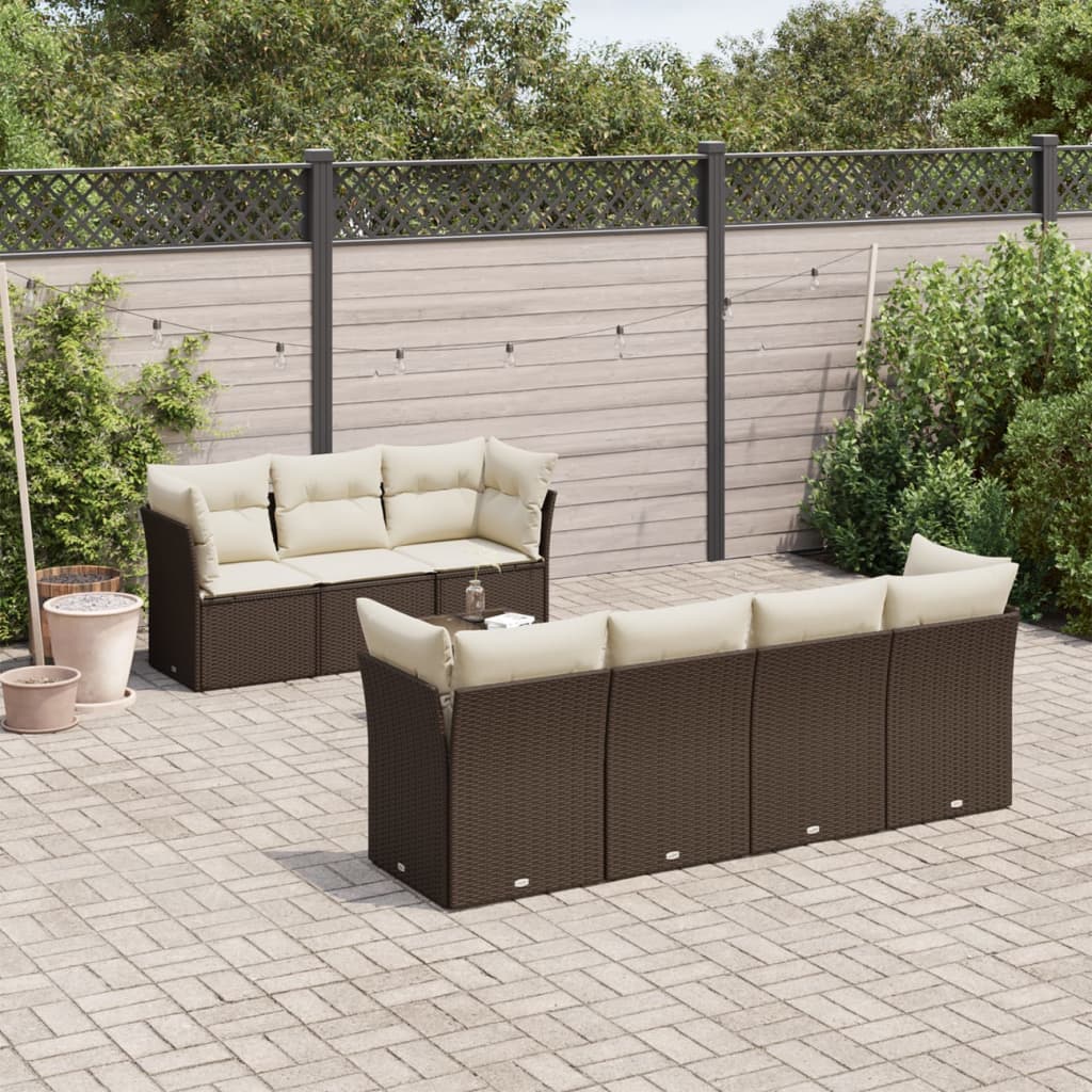 Set Divani da Giardino 8 pz con Cuscini Marrone in Polyrattan