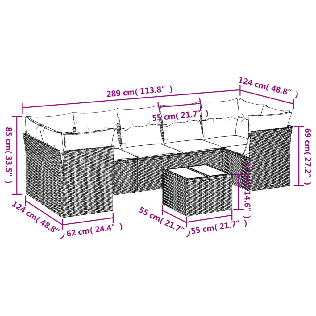 Set Divani da Giardino 8 pz con Cuscini Marrone in Polyrattan