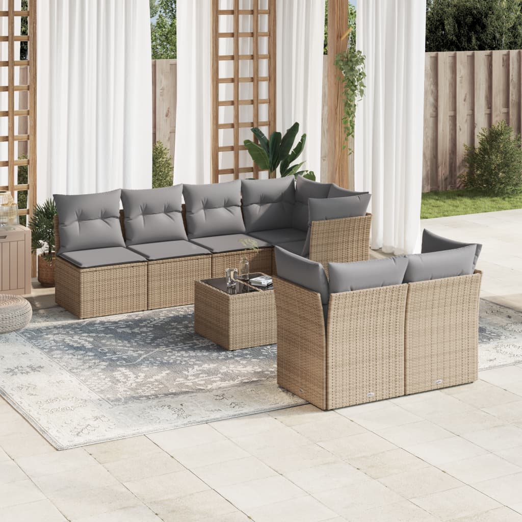 Set Divano da Giardino 8 pz con Cuscini Beige in Polyrattan