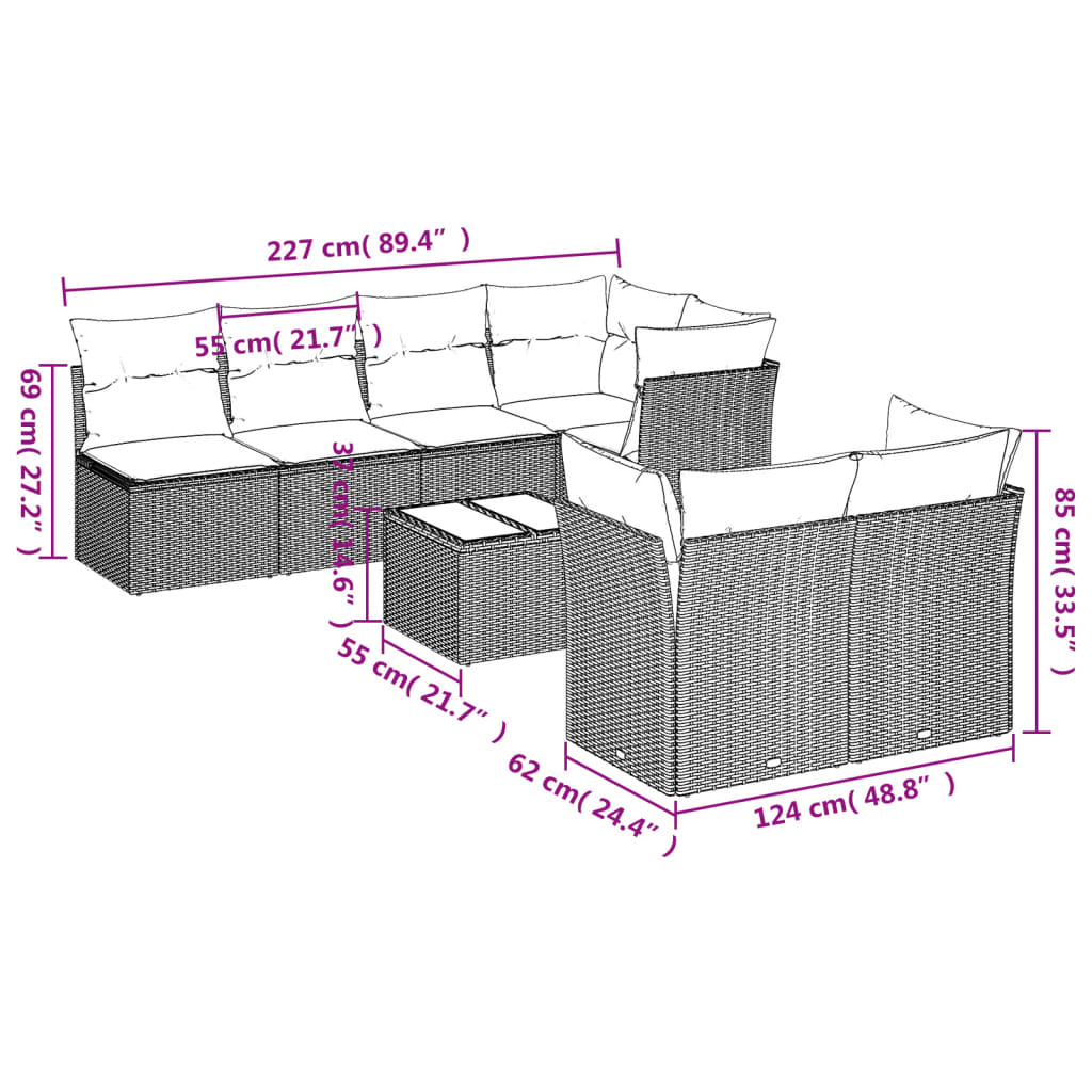 Set Divani da Giardino 8 pz con Cuscini Marrone in Polyrattan