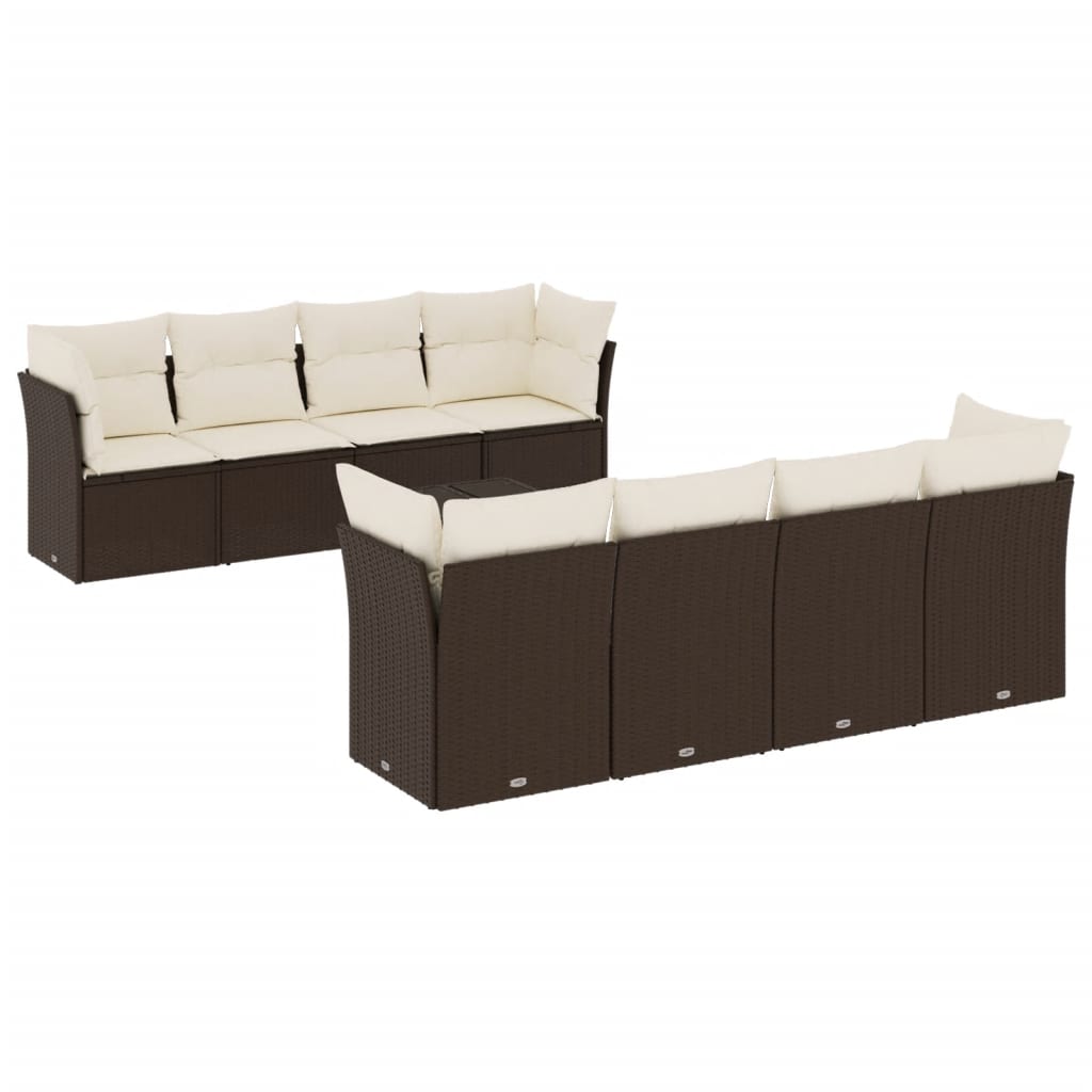 Set Divani da Giardino 9pz con Cuscini Marrone in Polyrattan