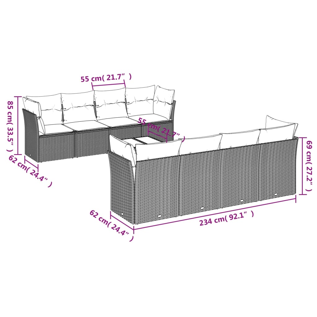 Set Divani da Giardino 9pz con Cuscini Marrone in Polyrattan