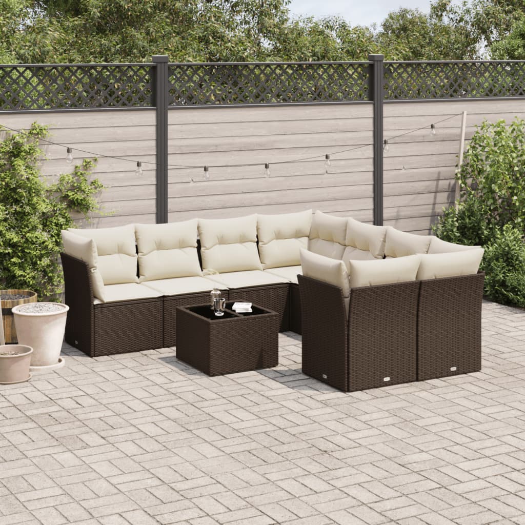 Set Divani da Giardino 9pz con Cuscini Marrone in Polyrattan