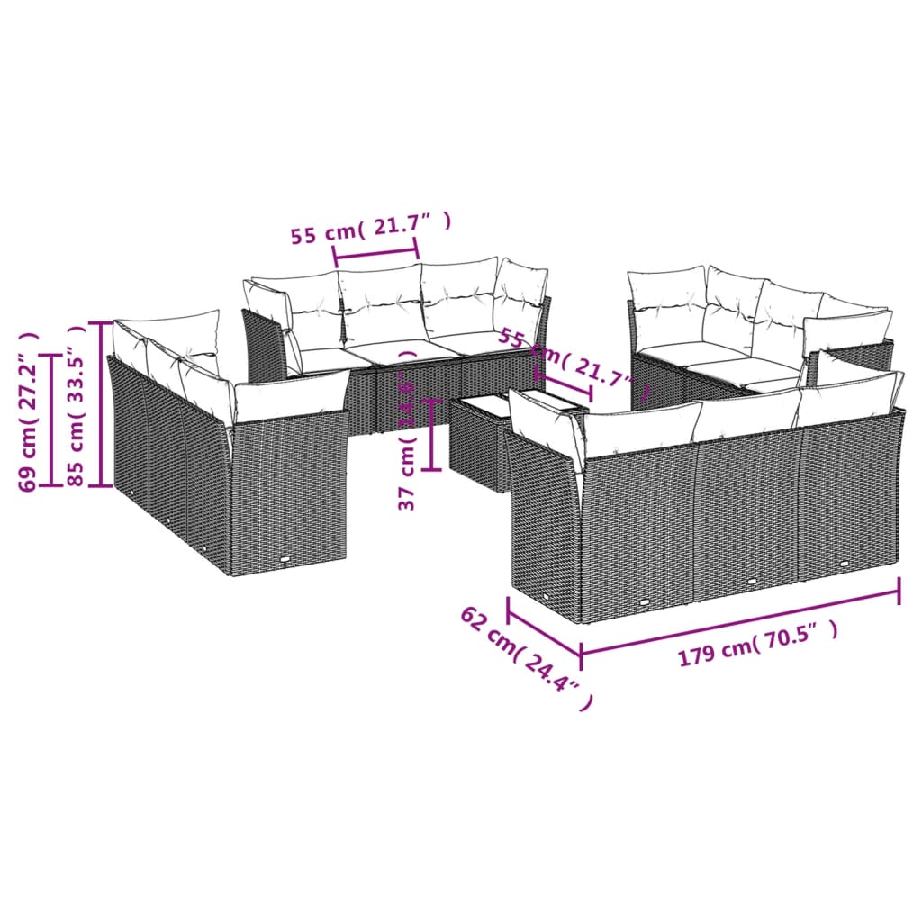 Set Divani da Giardino 13 pz con Cuscini Marrone in Polyrattan