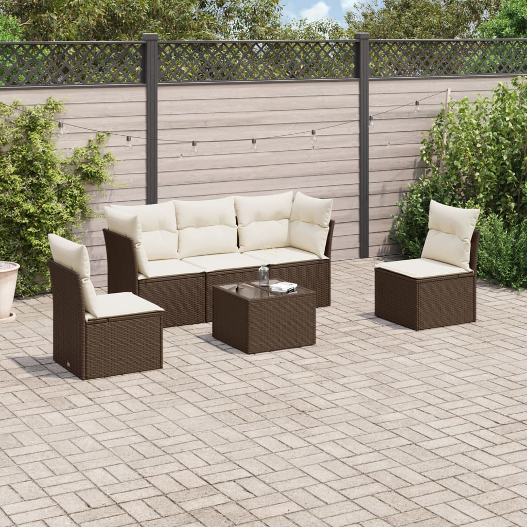 Set Divano da Giardino 6 pz con Cuscini Marrone in Polyrattan