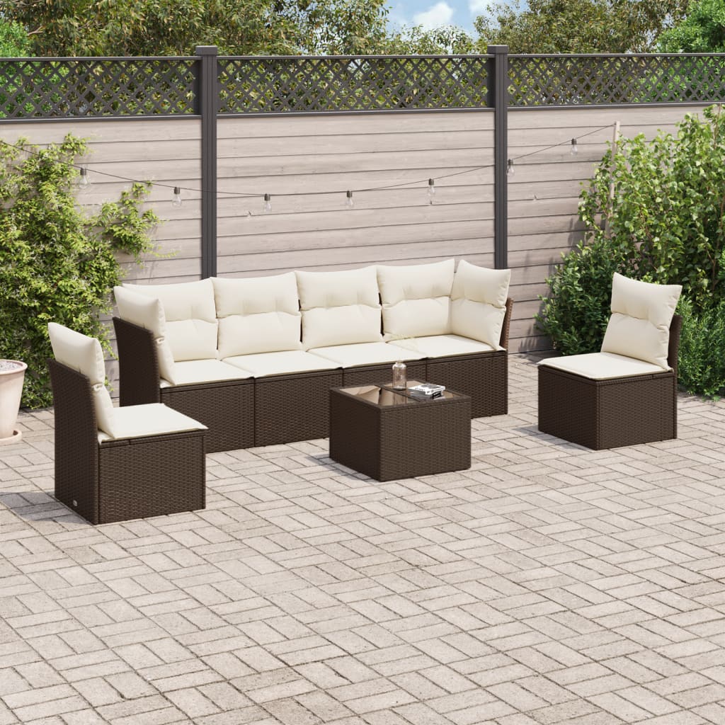 Set Divani da Giardino 7 pz con Cuscini Marrone in Polyrattan