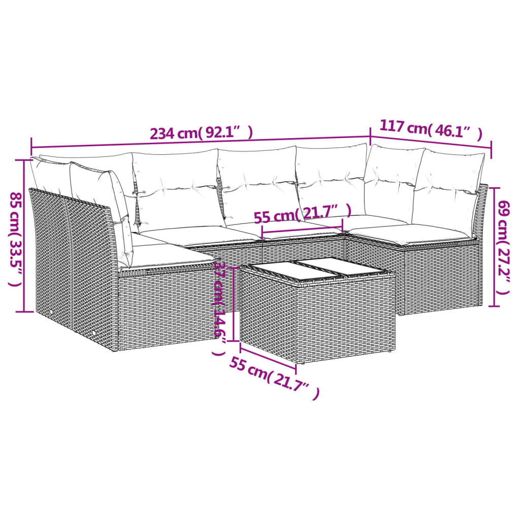 Set Divani da Giardino 7 pz con Cuscini Beige in Polyrattan