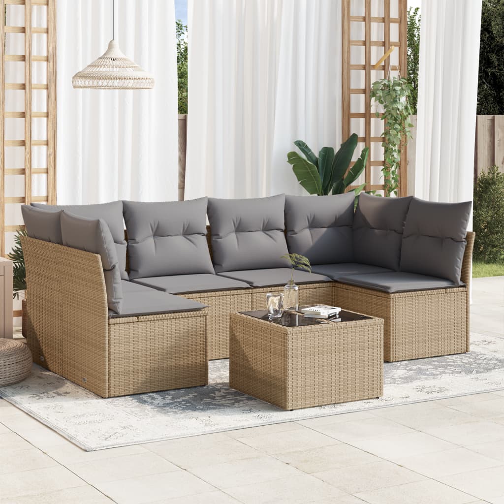 Set Divani da Giardino 7 pz con Cuscini Beige in Polyrattan