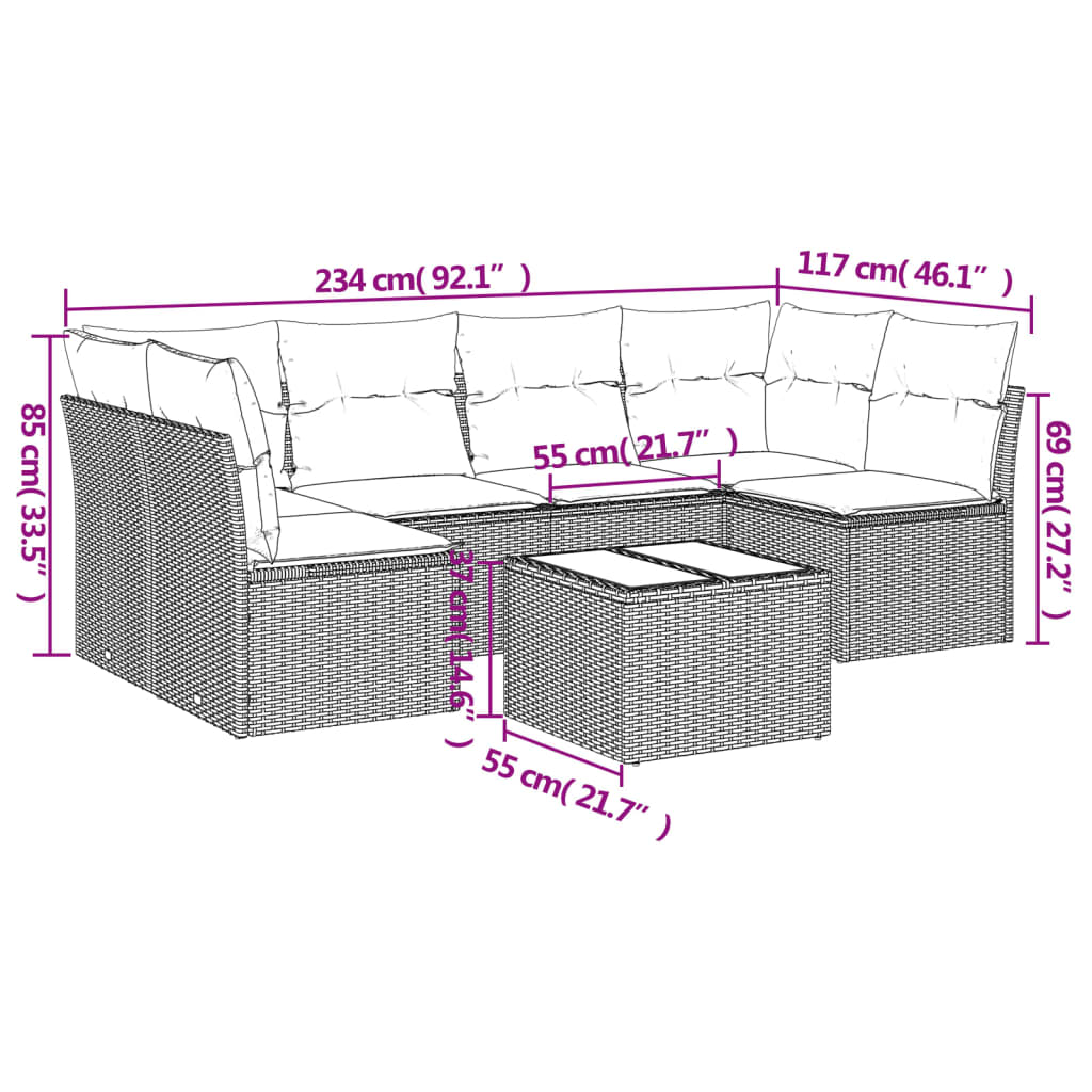 Set Divani da Giardino 7 pz con Cuscini Marrone in Polyrattan