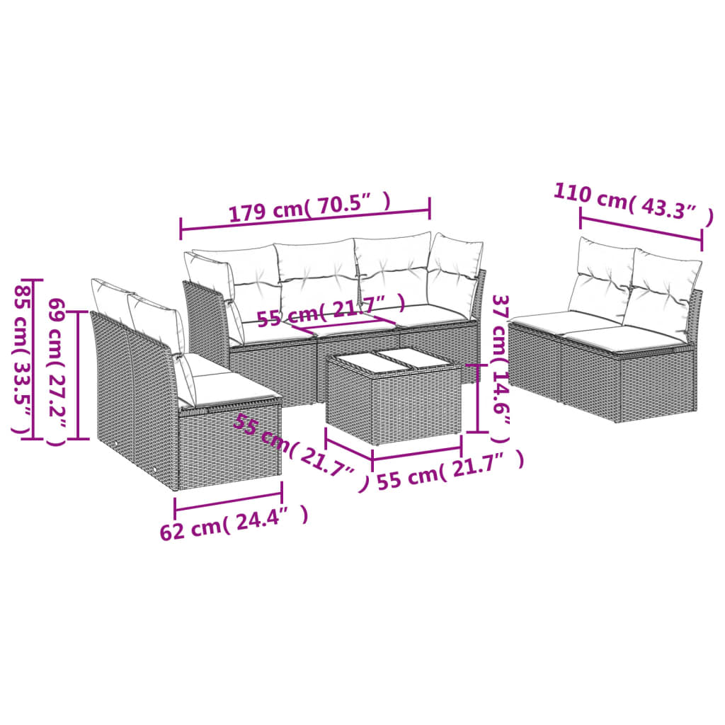 Set Divani da Giardino 8 pz con Cuscini Marrone in Polyrattan