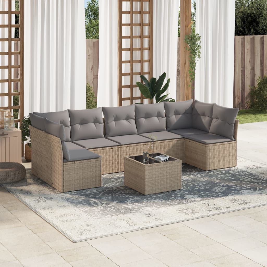 Set Divano da Giardino 8 pz con Cuscini Beige in Polyrattan