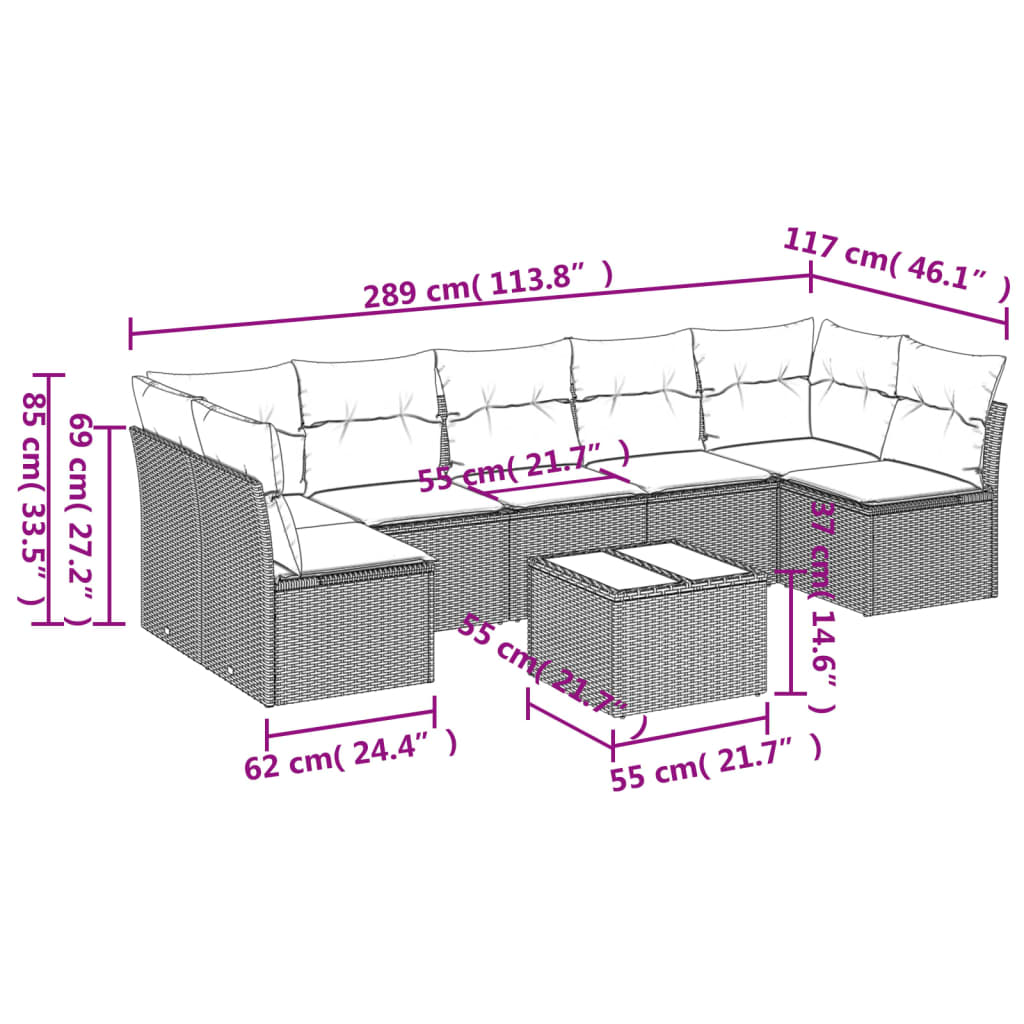 Set Divani da Giardino 8 pz con Cuscini Marrone in Polyrattan