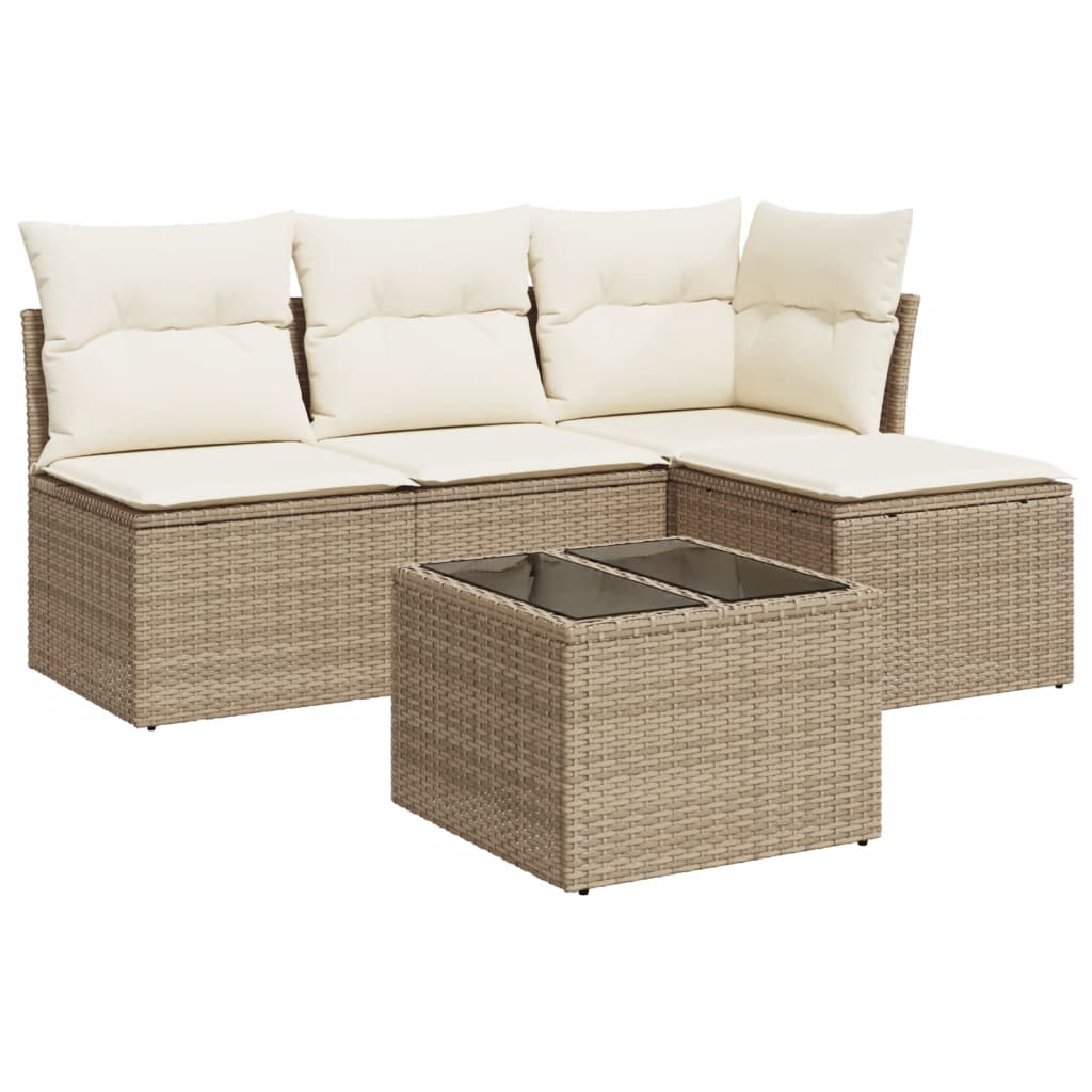 Set Divano da Giardino 5 pz con Cuscini Beige in Polyrattan