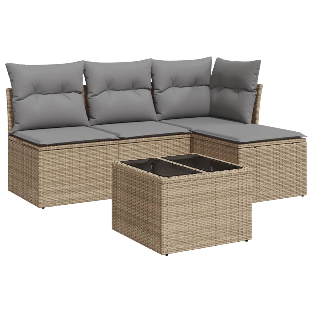 Set Divano da Giardino 5 pz con Cuscini Beige in Polyrattan