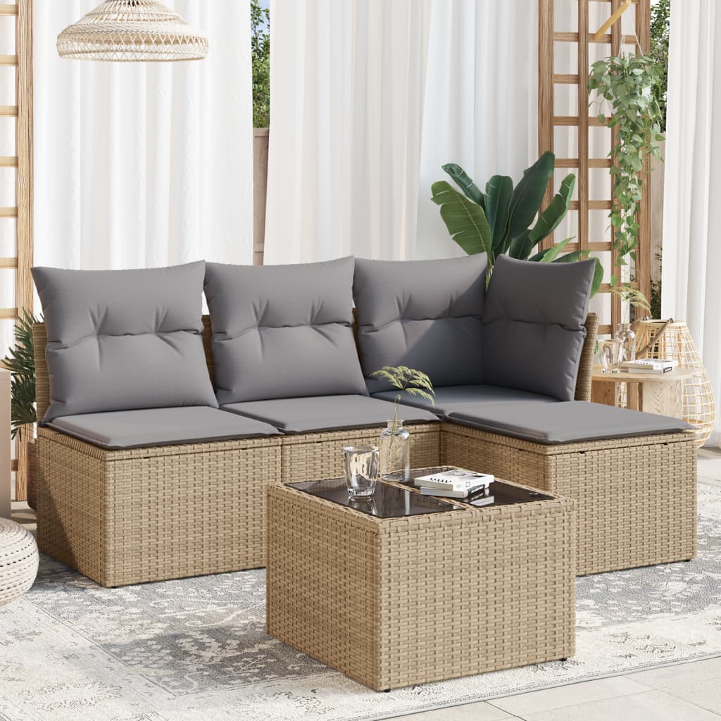 Set Divano da Giardino 5 pz con Cuscini Beige in Polyrattan