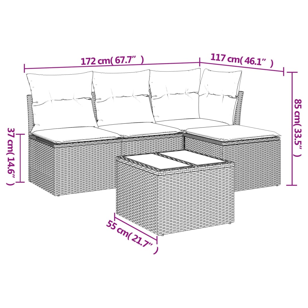 Set Divano da Giardino 5 pz con Cuscini Marrone in Polyrattan