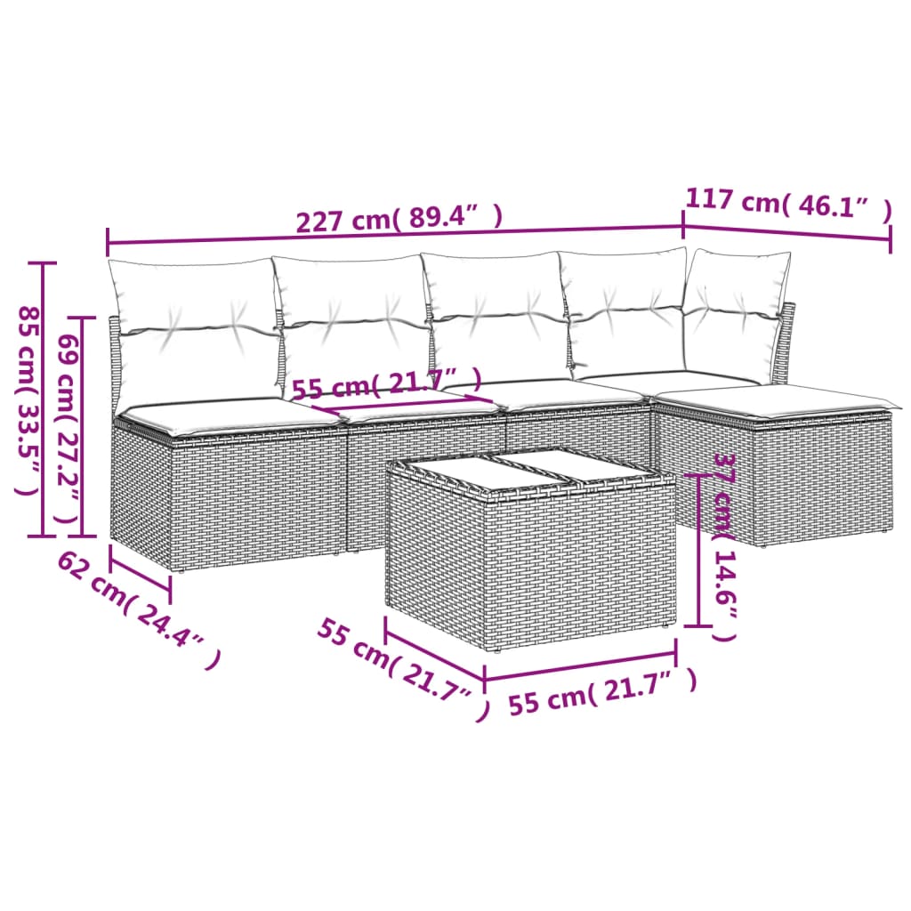 Set Divano da Giardino 6 pz con Cuscini Beige in Polyrattan