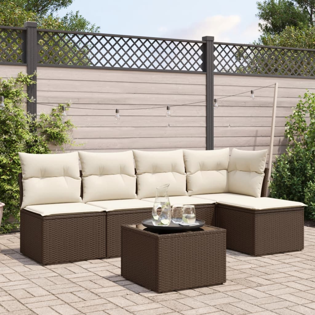 Set Divano da Giardino 6 pz con Cuscini Marrone in Polyrattan