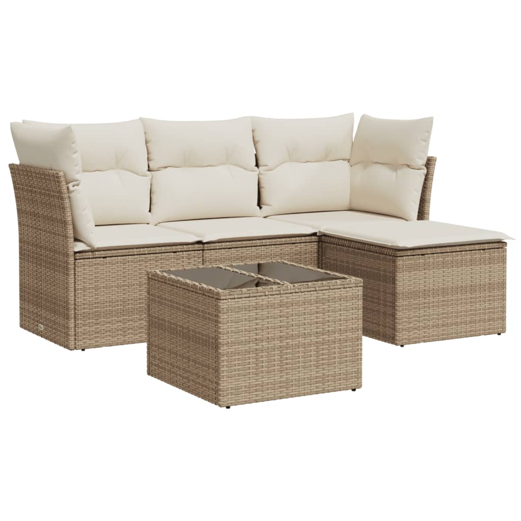 Set Divano da Giardino 5 pz con Cuscini Beige in Polyrattan