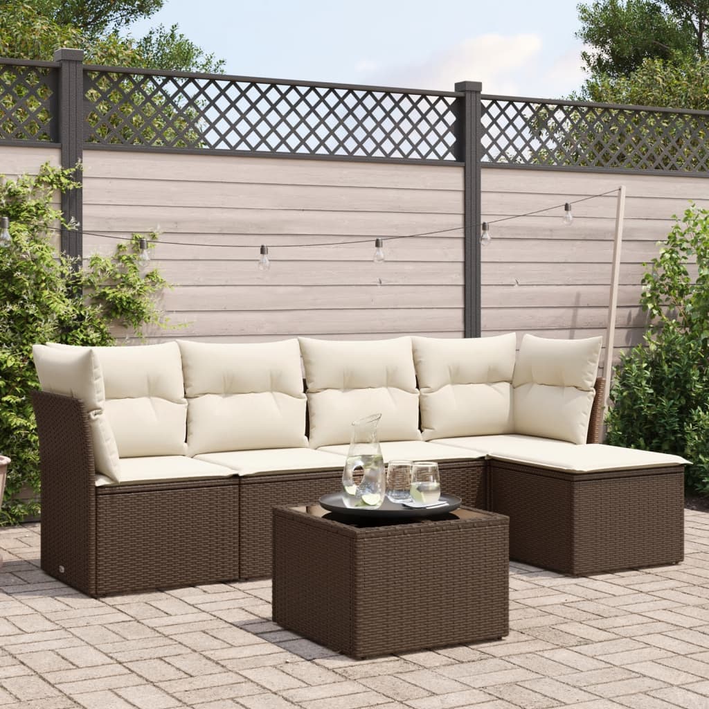 Set Divano da Giardino 6 pz con Cuscini Marrone in Polyrattan