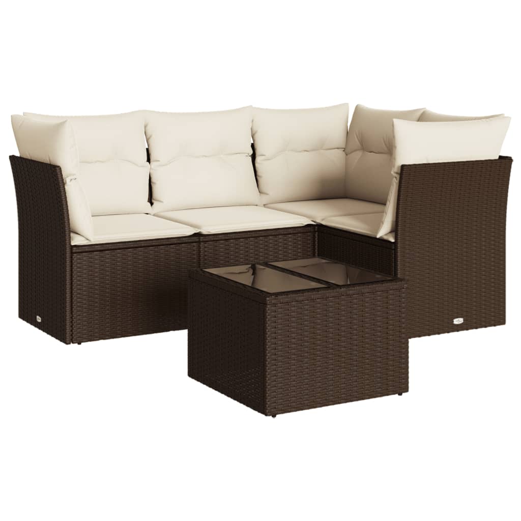 Set Divano da Giardino 5 pz con Cuscini Marrone in Polyrattan