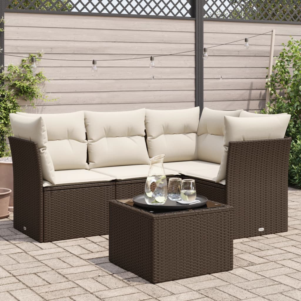 Set Divano da Giardino 5 pz con Cuscini Marrone in Polyrattan