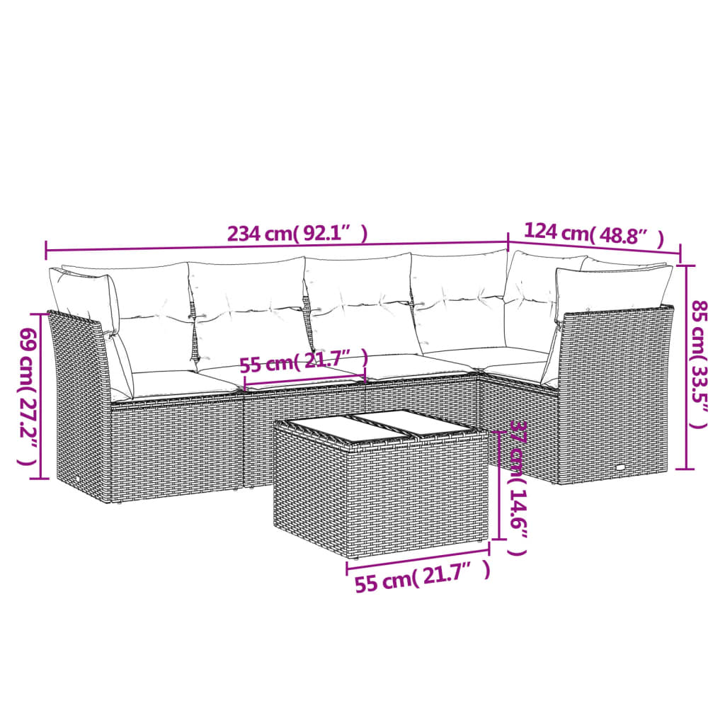 Set Divano da Giardino 6 pz con Cuscini Beige in Polyrattan