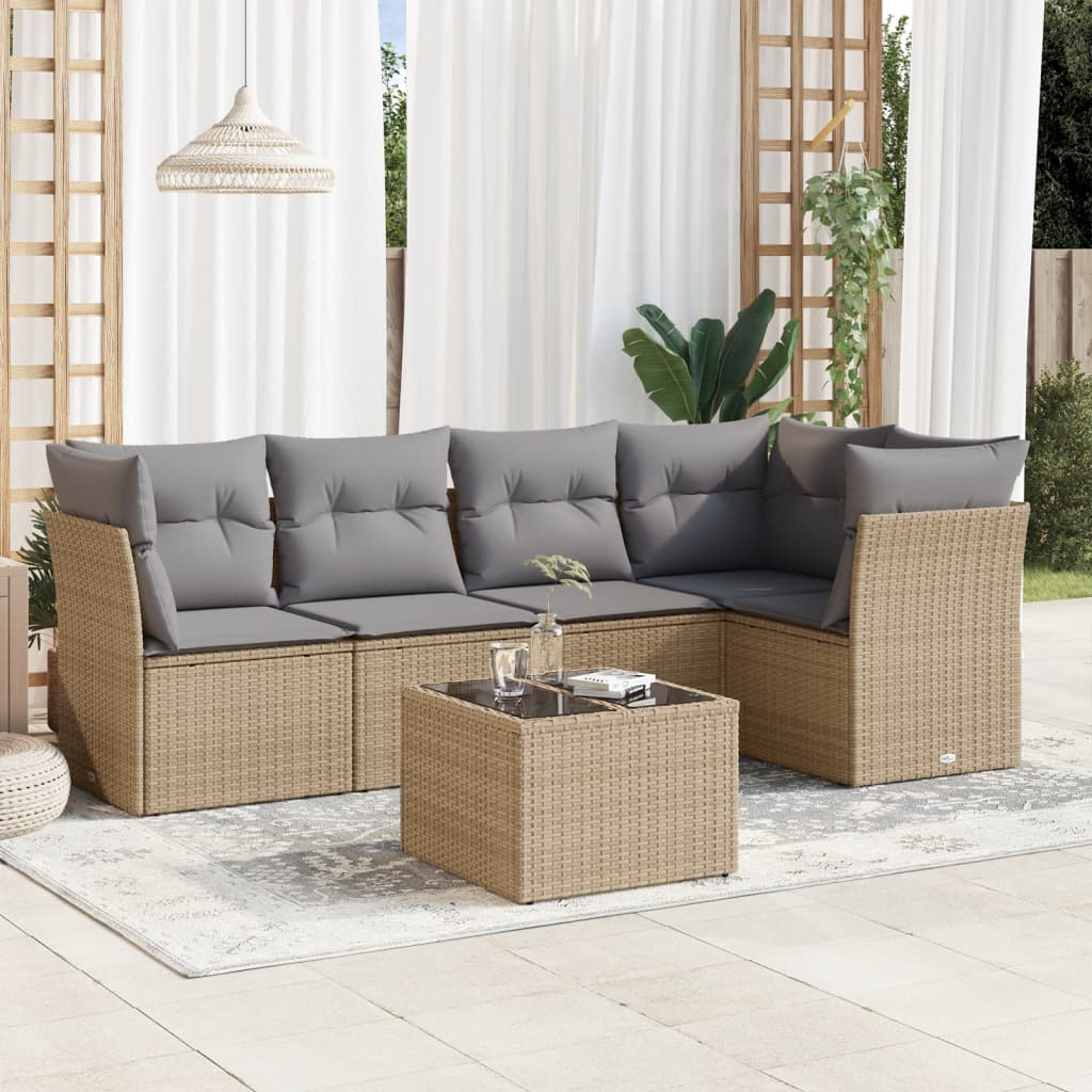 Set Divano da Giardino 6 pz con Cuscini Beige in Polyrattan