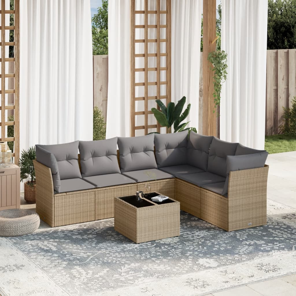 Set Divani da Giardino 7 pz con Cuscini Beige in Polyrattan