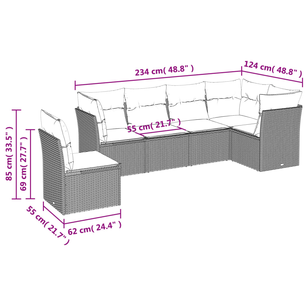 Set Divano da Giardino 7pz con Cuscini Marrone in Polyrattan