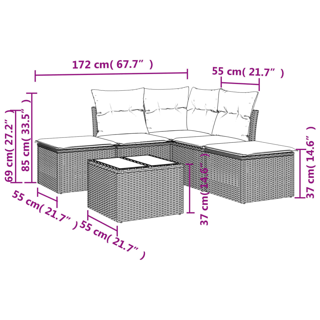 Set Divano da Giardino 6 pz con Cuscini Marrone in Polyrattan