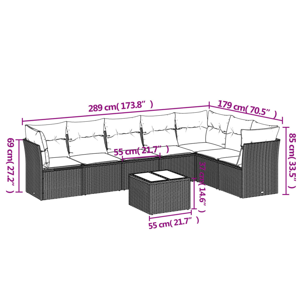 Set Divani da Giardino 8 pz con Cuscini Marrone in Polyrattan