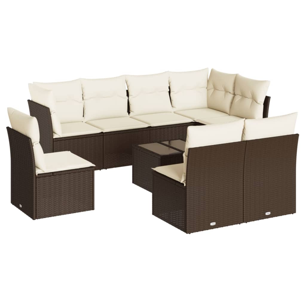 Set Divani da Giardino 9pz con Cuscini Marrone in Polyrattan