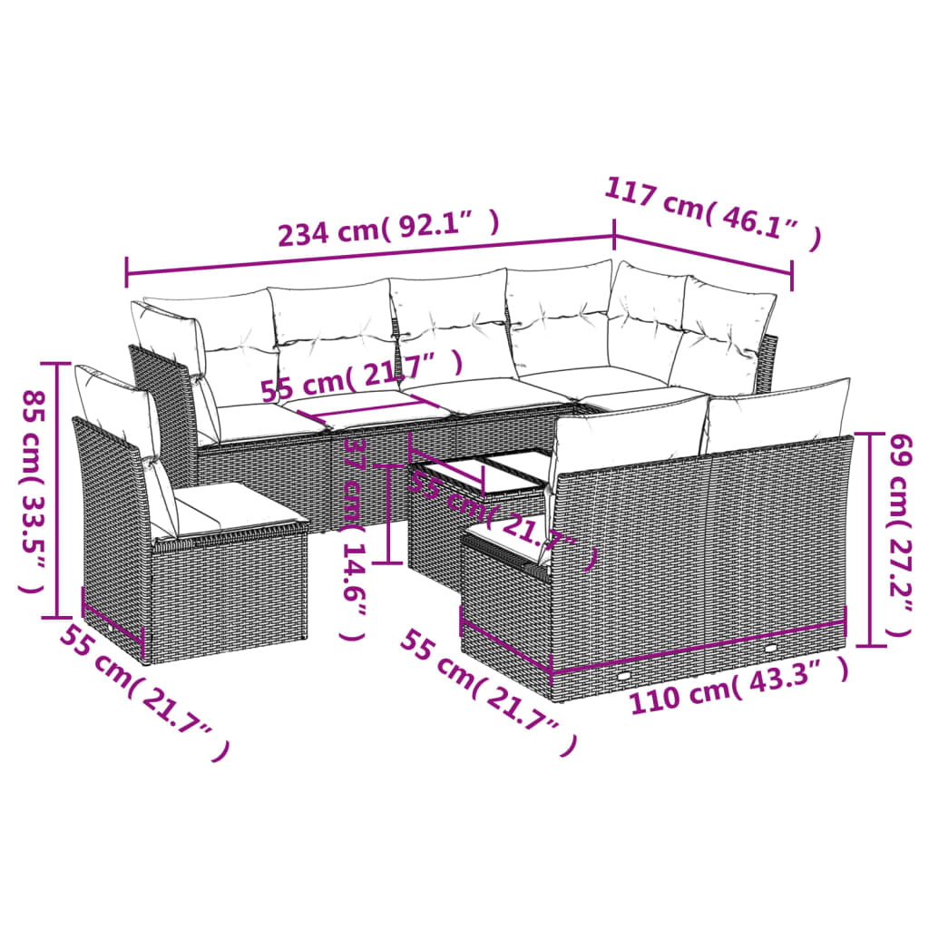 Set Divani da Giardino 9pz con Cuscini Marrone in Polyrattan