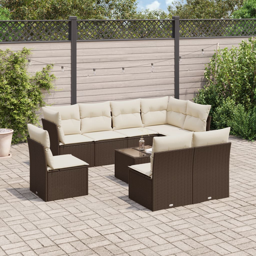 Set Divani da Giardino 9pz con Cuscini Marrone in Polyrattan