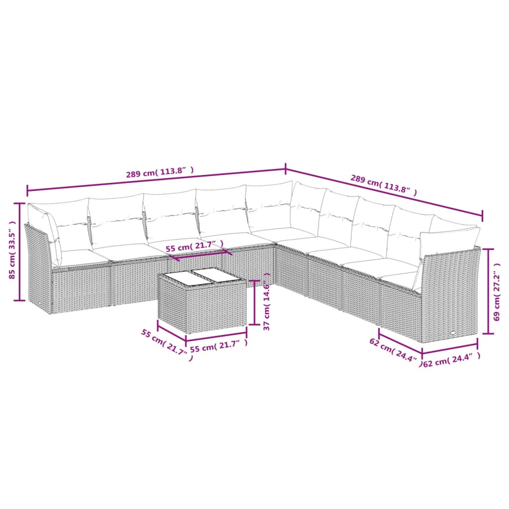 Set Divani da Giardino 10pz con Cuscini in Polyrattan Marrone