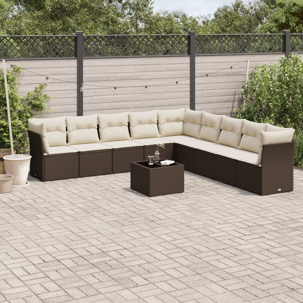 Set Divani da Giardino 10pz con Cuscini in Polyrattan Marrone